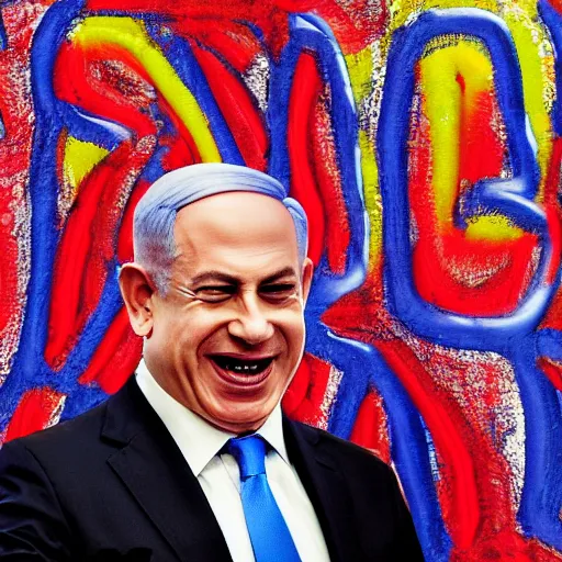 Prompt: benjamin netanyahu laughing hysterically at computer screen, black background, vivid rich colors, vibrant, warm, highly detailed, dynamic lighting