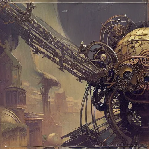 Prompt: Large steampunk mechanical spider, sci-fi art by alphonse mucha and greg rutkowski, highly detailed, digital painting, concept art, illustration, dim lighting, trending on artstation, very detailed, smooth, sharp focus, octane render