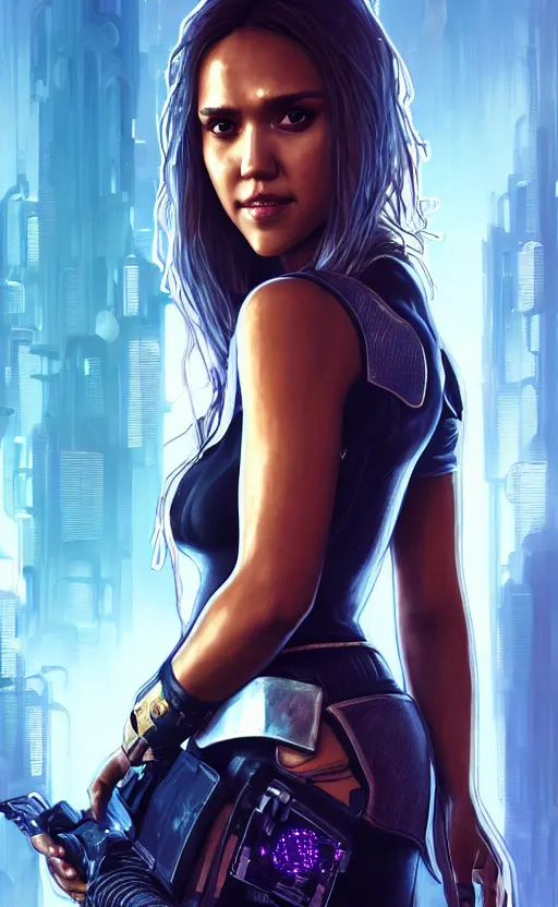 Image similar to portrait of jessica alba as a character in arabian Cyberpunk 2077, looking at camera, intricate, dystopian, sci-fi, extremely detailed, digital painting, artstation, concept art, smooth, sharp focus, illustration, intimidating lighting, incredible art by artgerm and greg rutkowski and alphonse mucha and simon stalenhag