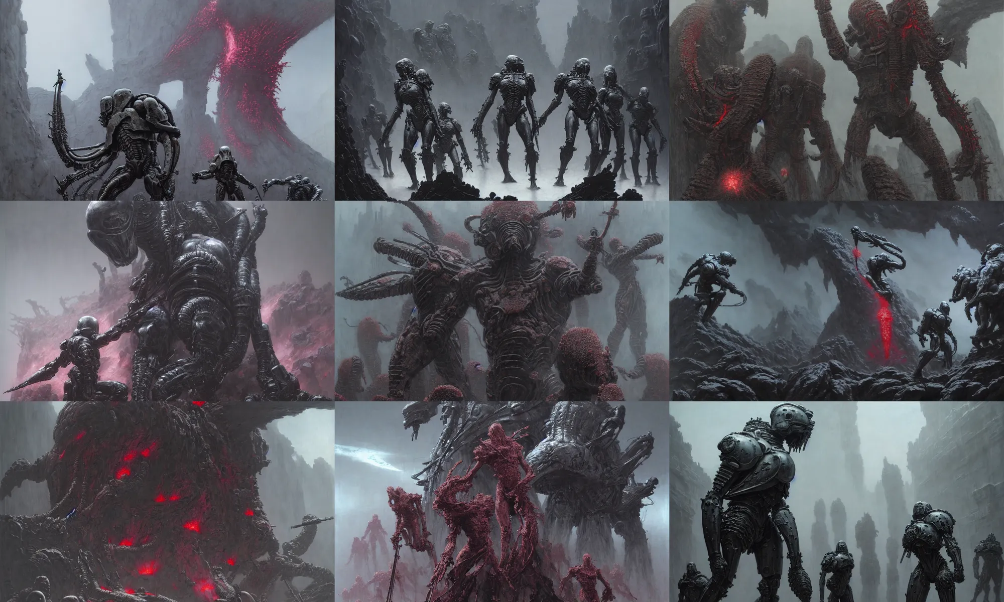 Prompt: still frame from prometheus movie by wayne barlowe, wh 4 0 k art, forgefiend metal couture on battlefront by jakub rozalski, knights of sidonia benisuzume by chiharu shiota, benisuzume by beksinski