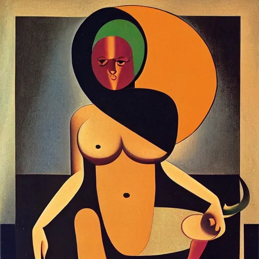 Image similar to graphic design exciting by juan gris. the body art shows venus seated on a crescent moon. she is surrounded by the goddesses ceres & bacchus, who are both holding cornucopias.