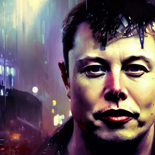 Image similar to elon musk, hyperrealistic portrait, bladerunner street, art of elysium by jeremy mann and alphonse mucha, fantasy art, photo realistic, dynamic lighting, artstation, poster, volumetric lighting, very detailed face, 4 k, award winning