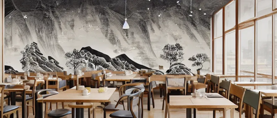 Prompt: a beautiful interior view illustration of a small roasted string hotpot restaurant of baota mountain in yan'an city, restaurant wall paper is a tower with mountain, rectangle white porcelain table, black chair, animation illustrative style, from china, simple style structure decoration design, victo ngai, james jean, 4 k hd