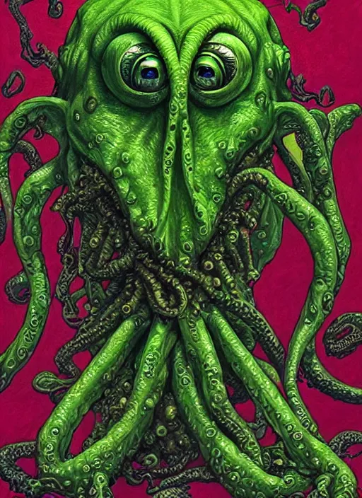 Image similar to portrait of a Cthulhu kermit the frog in Society (1989), intricate, highly detailed, centered, gradient background, digital painting, artstation, concept art, smooth, sharp focus, illustration, artgerm, donato giancola, Joseph Christian Leyendecker, WLOP, Artgerm