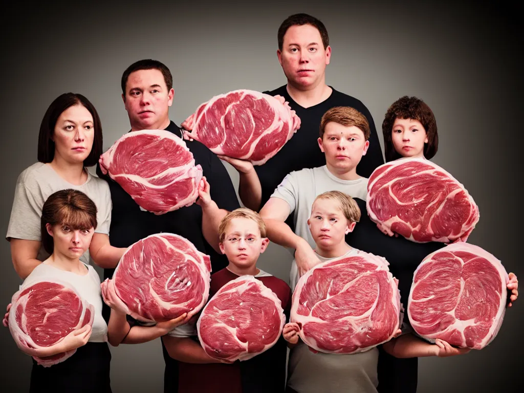 Image similar to portrait of a family having been sewn together and compressed and moulded into a levitating spheroid of meat. perfectly composed, beautiful studio lighting and impeccable focus.