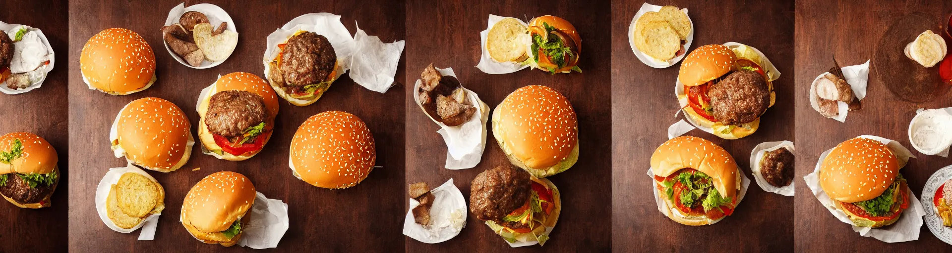 Image similar to a triptych of the hamburgers that represent all of history, award - winning food photograph