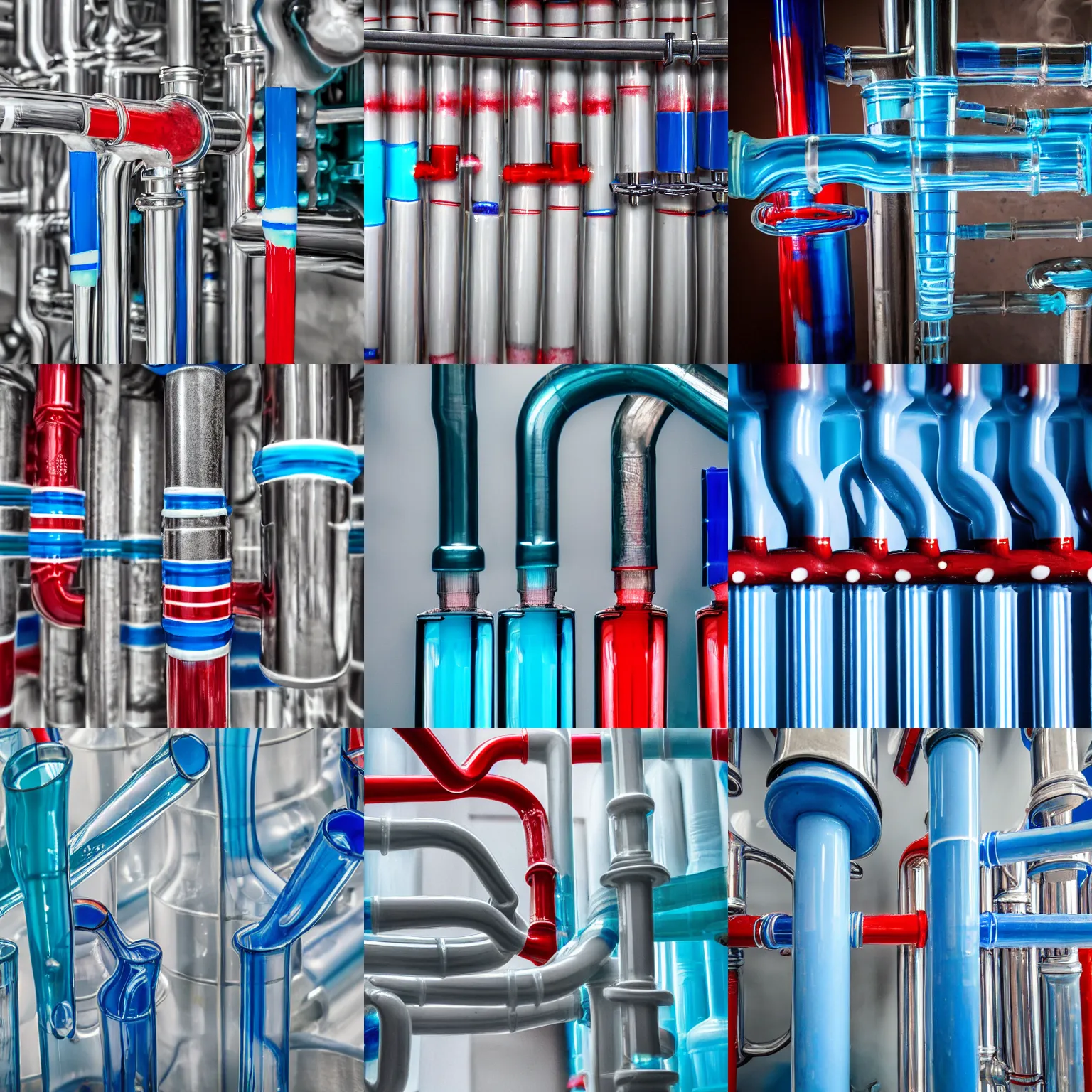 Prompt: toothpaste refinery, translucent pipes showing red, white, and blue toothpaste mixed together inside, machines, industrial, high definition photograph, documentary still, 4k HD,