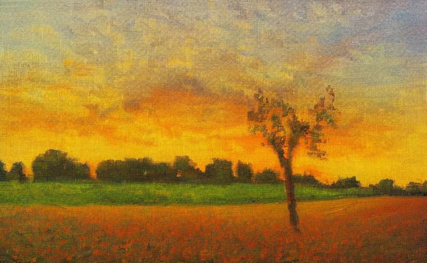 Image similar to rows of an orchard at sunset, impressionist painting, oil on canvas, golden hour, beautiful lighting