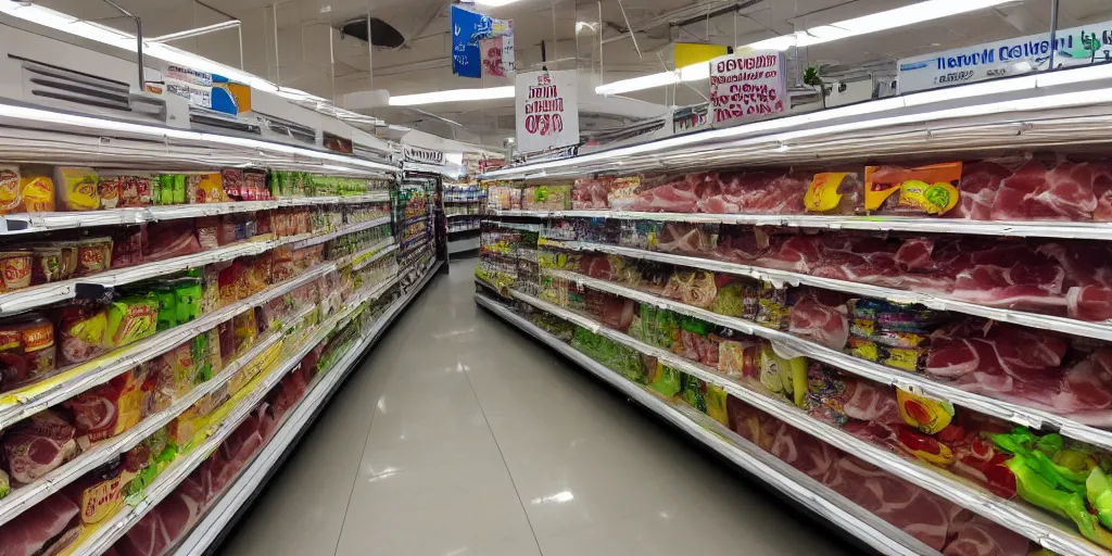 Prompt: inside a supermarket, fridges with ham