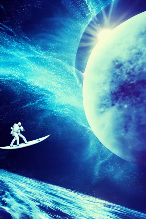 Image similar to astronaut surfing a surfboard on a sparkly crashing wave of stardust in space, background is a moon in nebula, octane render, unreal engine, wide view, 8 k, highdetaild