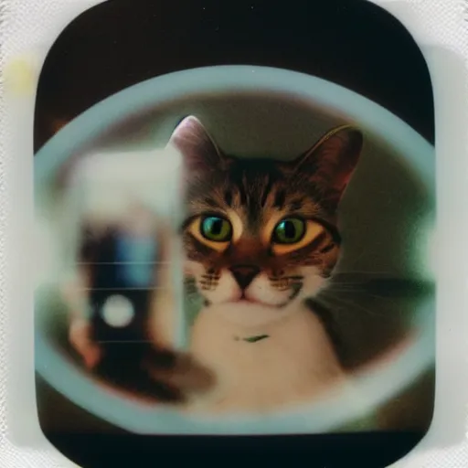 Image similar to polaroid of a cat and aliens taking a selfie together in mars