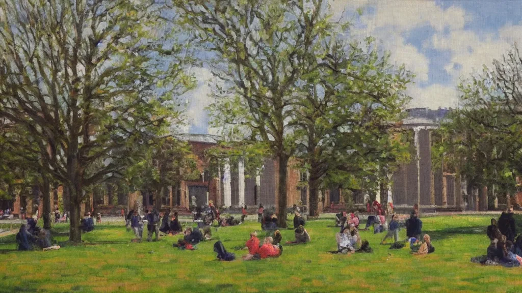 Prompt: impressionist oil painting of campus life at University college dublin