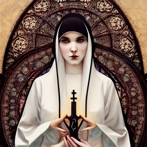 Prompt: soft painting of a gothic nun blessing in full dress, perfectly detailed flowers, symmetrical intricate sensual features, highly detailed, artstation, sharp focus, art by artgerm and greg rutkowski and alphonse mucha and tom bagshaw