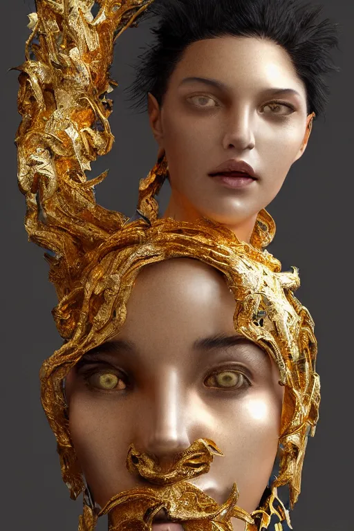 Prompt: sculpture made of gold, portrait, future, shaman, gold, close up, harper's bazaar, vogue, magazine, concept art, ornate, luxury, elite, elegant, trending on artstation, by ruan jia, by Kenneth Willardt, by ross tran, by WLOP, by Andrei Riabovitchev,