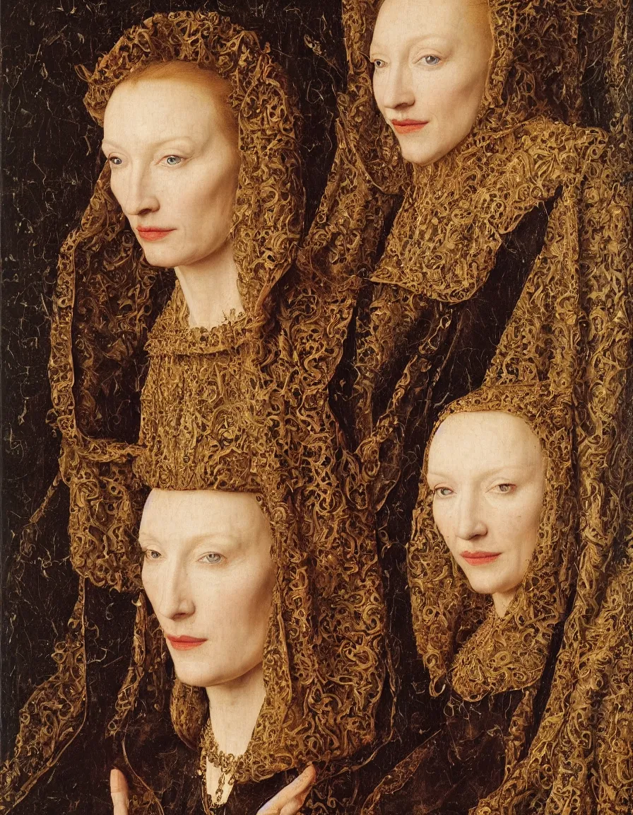 Prompt: portrait of cate blanchett, oil painting by jan van eyck, northern renaissance art, oil on canvas, wet - on - wet technique, realistic, expressive, detailed textures, illusionistic detail