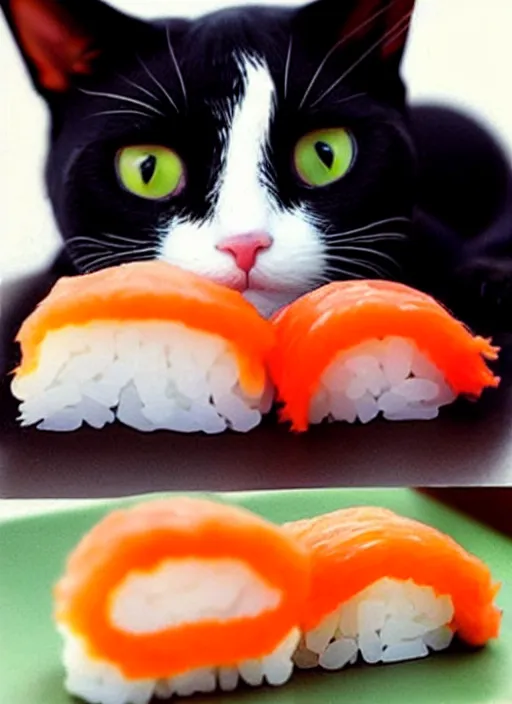 Image similar to clear photorealistic picture of adorable cats made out of sushi