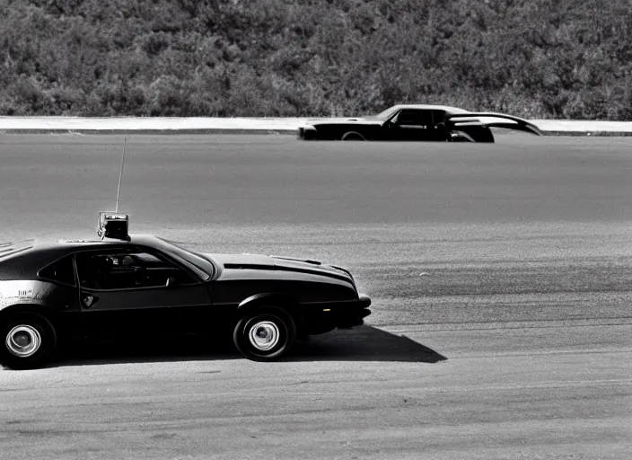 Prompt: retro picture of a black camaro mach 1 being chased by a police car on a dusty road, sunny day