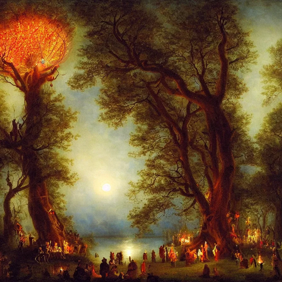 Image similar to a night carnival around a magical tree cavity, with a surreal orange moonlight and fireworks in the background, next to a lake with iridiscent water, christmas lights, folklore animals and people disguised as fantastic creatures in a magical forest by summer night, masterpiece painted by william beechey, dark night environment