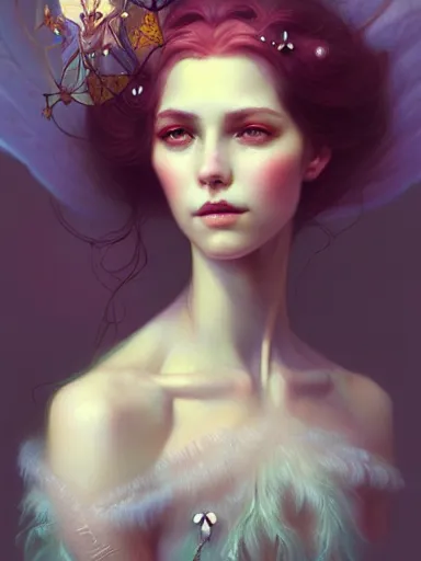 Image similar to the fairy queen by james jean, charlie bowater, tom bagshaw, nikolay makovsky : : portrait, character design, illustration, hyperrealism, photorealism, digital art, concept art, fantasy, whimsy, weta, wlop, artstation