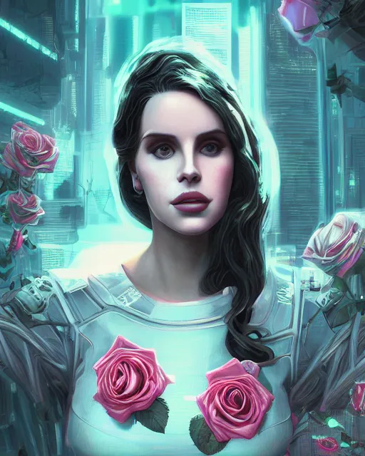 Image similar to portrait of lana del rey as a cyberpunk cyborg. roses sci - fi intricate abstract upper body intricate artwork, roses, rose petals, by tooth wu, wlop, beeple, dan mumford. concept art, octane render, deviantart, greg rutkowski, cinematic arthouse, key art, hyper realism, iridescent accents