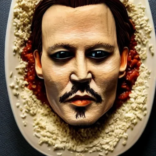 Image similar to johnny depp made out of jambalaya, a human face made out of a bowl of jambalaya