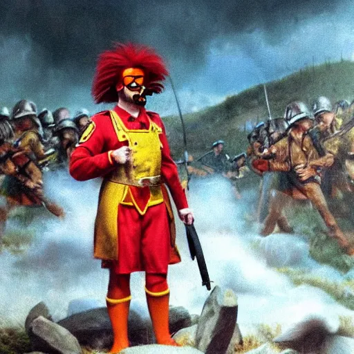 Prompt: ultrarealistic photograph of ronald mcdonald as a soldier in the battle of thermopylae, colorized, damaged