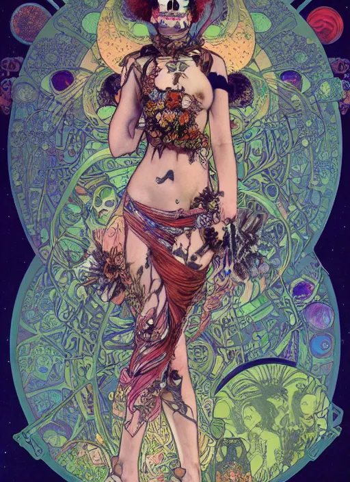 Prompt: cute solar punk goth fashion fractal Día de los Muertos tattooed astronaut girl posing, psychedelic poster art of by Victor Moscoso Rick Griffin Alphonse Mucha Gustav Klimt Ayami Kojima Amano Charlie Bowater, masterpiece, 8k