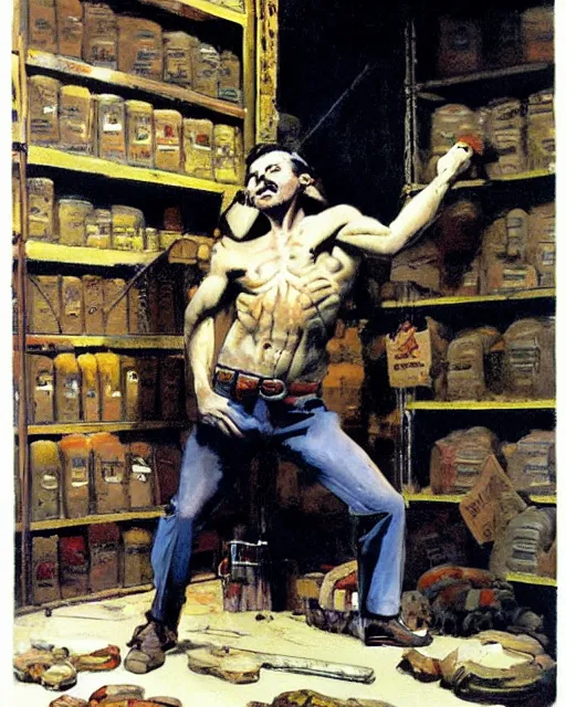 Image similar to muscly grimacing Snake Oil salesman shredding on a Gibson Les Paul in a snake oil warehouse, painting by Frank Frazetta