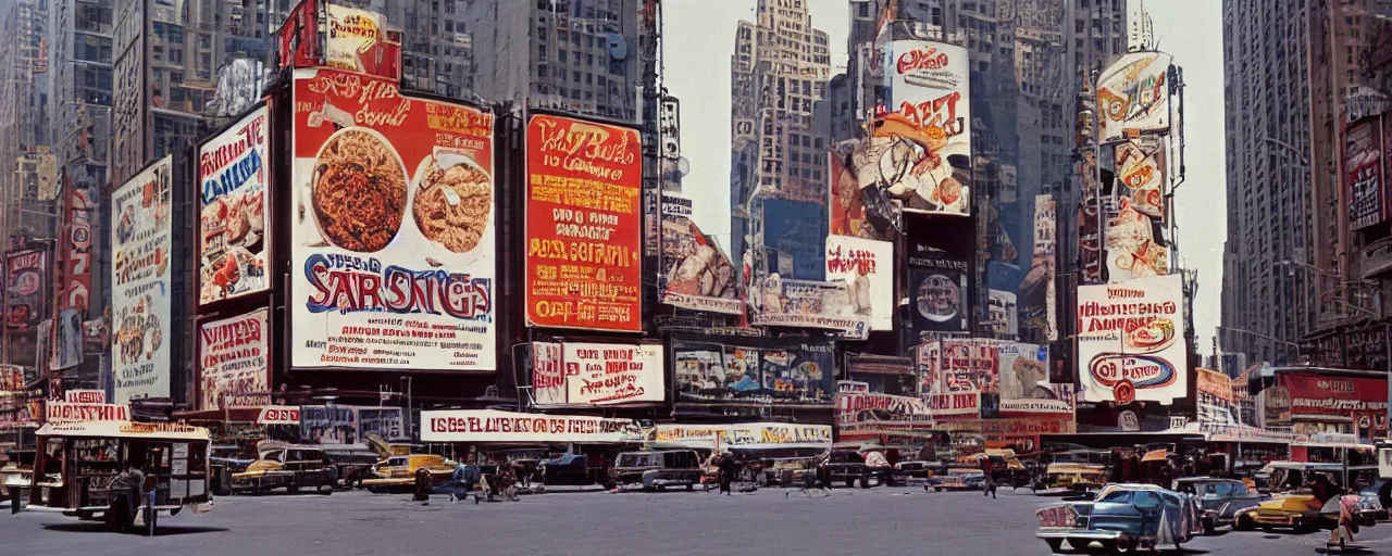 Prompt: advertisements of spaghetti in time square, 1 9 7 0's, fine detail, kodachrome