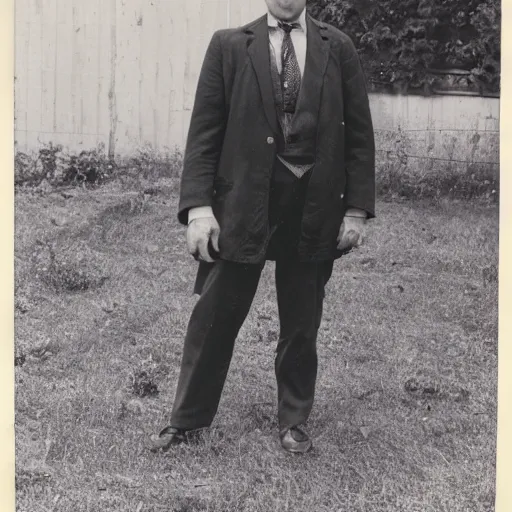 Prompt: vintage, wrinkled, black and white photograph of a man standing proudly next to an enourmous strawberry