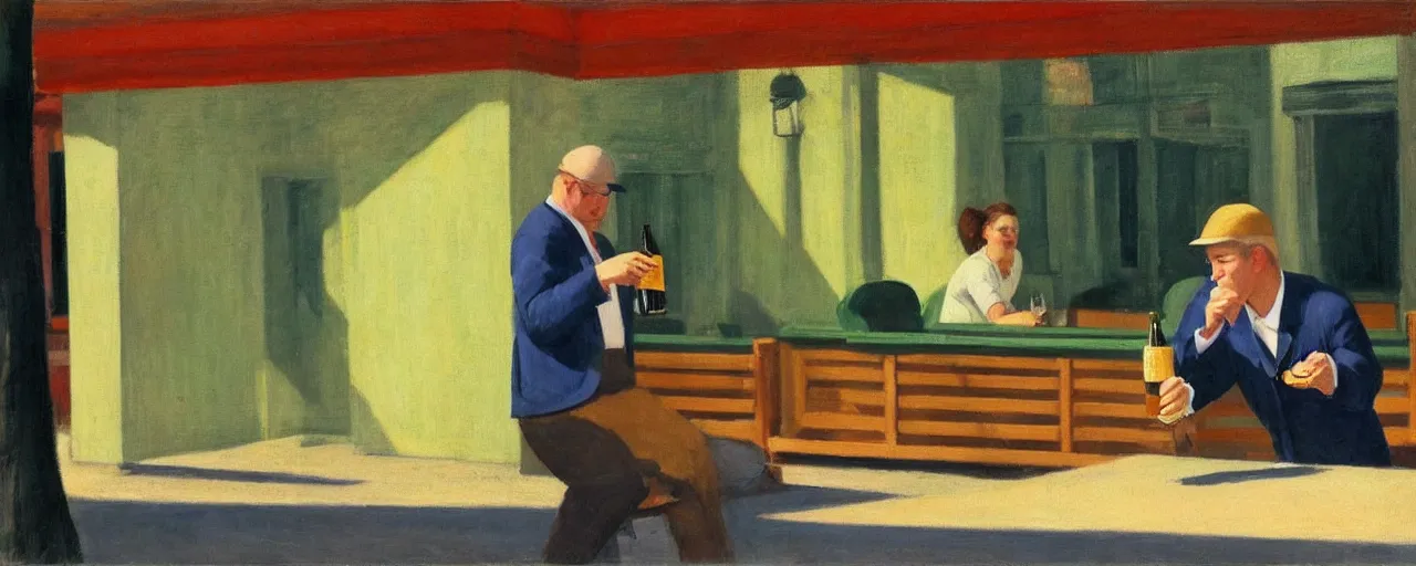 Image similar to a casually-dressed middle-aged man drinking a beer on a patio, picture in the style of Edward Hopper