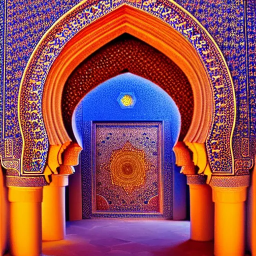 Prompt: cosmic cathedral created by the gods, large ( ( ( ( muqarnas ) ) ) ) beautiful moroccan colors, bold architecture, detailed, 4 k