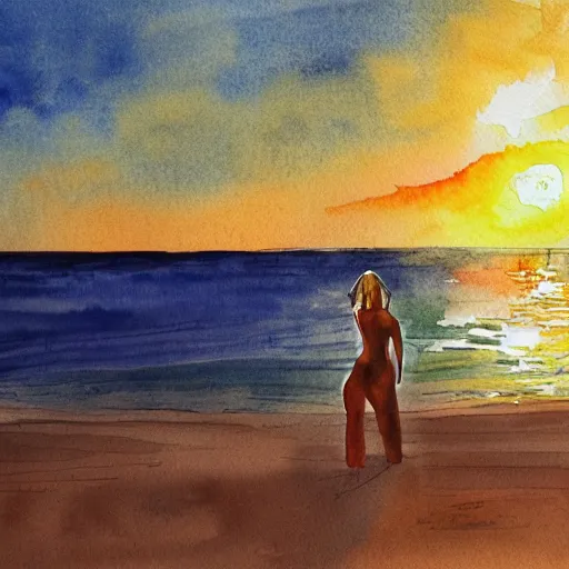 Prompt: water color painting of androgenous person on a beach against the sunset