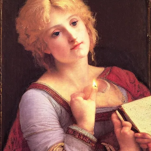 Image similar to a renaissance oil painting portrait by alma tadema of a holy divine prophet beautiful saint blonde woman, dark lit candles, colourful pastel, detailed academic bouguereau, sharp focus, high contrast studio lighting