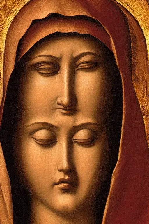 Image similar to Virgin Mary, suffering face, closeup, ultra detailed, made in gold, Guido Reni style