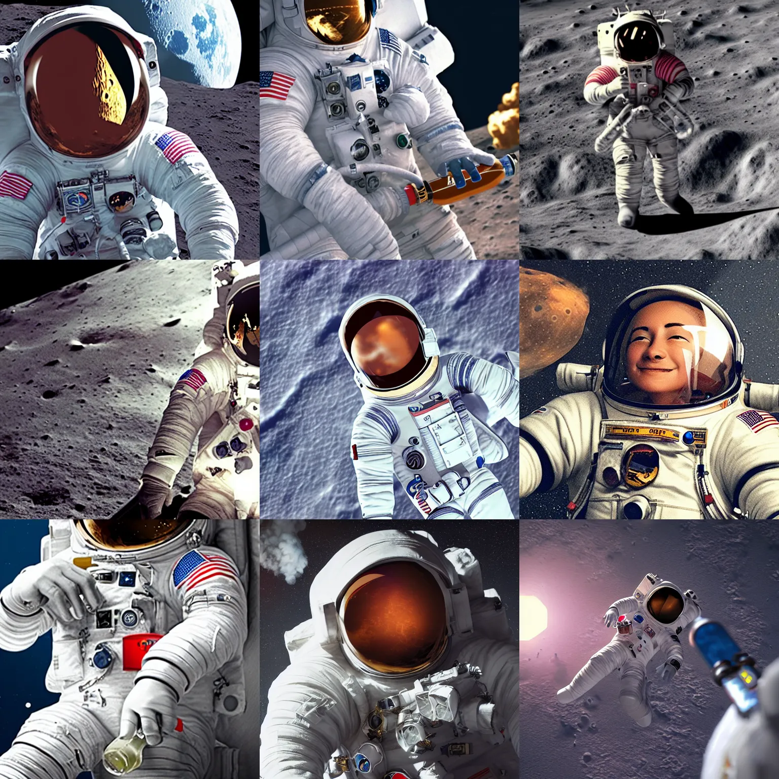 Prompt: a high detail shot of astronaut drinking a bottle cola on the moon , smoking, Unreal engine,