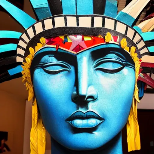 Image similar to a beautiful statue of liberty sculpture designed by Sandra Chevrier, american indian headdress, American stars and stripes on face, by Annie Leibovitz