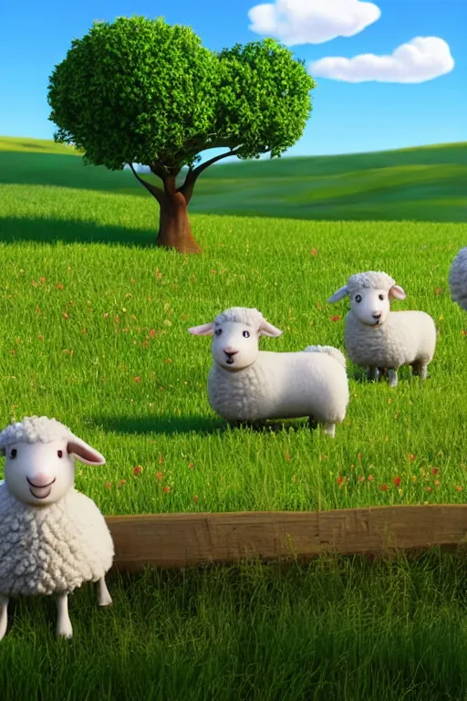 Prompt: two funny sheep and a border collie dog on sunny green grass with a fence and trees far away, pixar 3 d animation style
