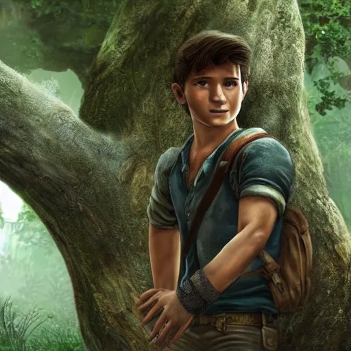 Image similar to young nathan drake finding a large tree, highly detailed