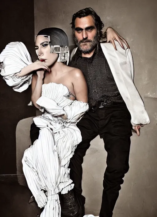 Image similar to lady gaga and joaquin phoenix styled by nick knight posing, full body shot, set pieces, intricate set, vogue magazine, canon, highly realistic. high resolution. highly detailed. dramatic. 8 k. 4 k.