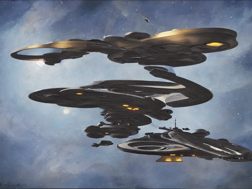 Image similar to The U.S.S. Enterprise from Star Trek, painted in the style of Syd Mead