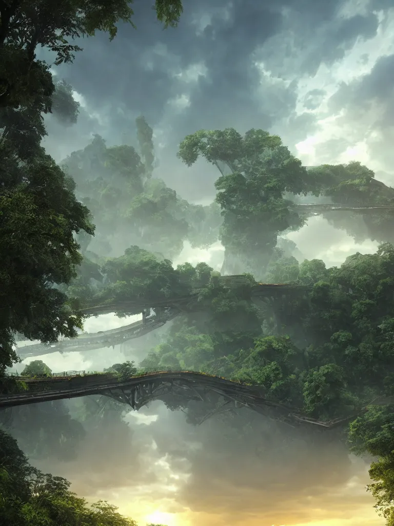 Image similar to a high magnificent broken bridge, surrounded by lush green vegetation, stunning volumetric lighting, sunset, solid concrete, stunning skies, trending on Artstation, 8k, photorealistic, hyper detailed, unreal engine 5, IMAX quality, cinematic, epic lighting, in the style of DOOM and Quake and Le Corbusier and Greg Rutkowski