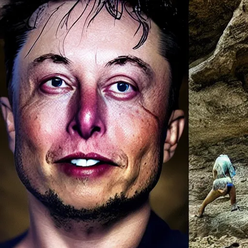 Image similar to photo inside a cavern of a wet reptilian humanoid rapper elon musk partially hidden behind a rock, with black eyes, open mouth and big teeth