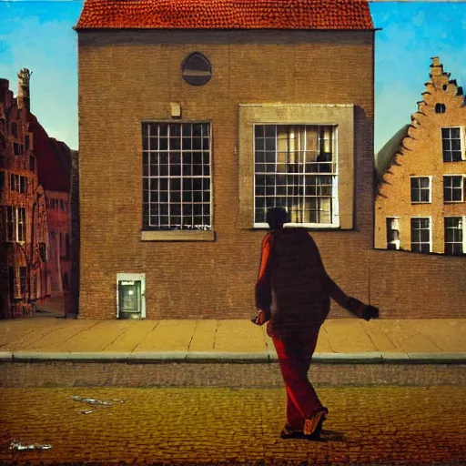 Image similar to bob marley walking in bruges, painted by scott listfield, sunny, happy