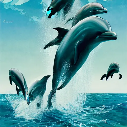 Image similar to dolphins jumping out the ocean by ashley wood and maciej kuciara and john harris