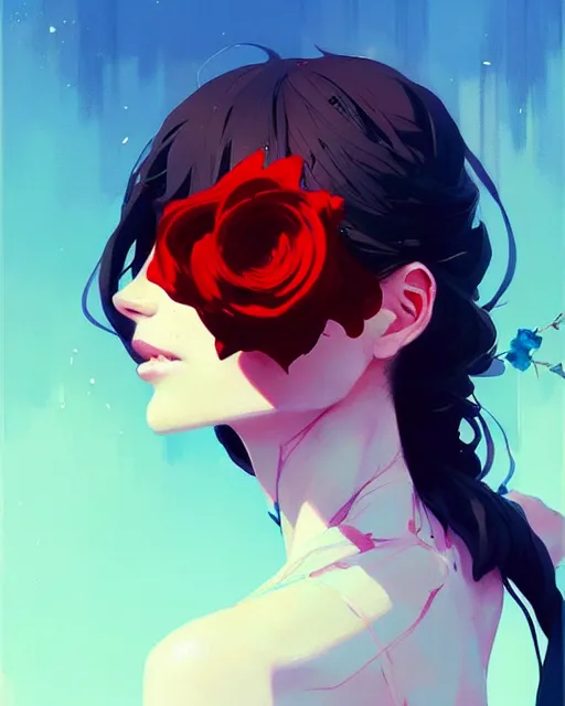 Image similar to a ultradetailed beautiful panting of a stylish woman holding a rose, by conrad roset, greg rutkowski and makoto shinkai, trending on artstation