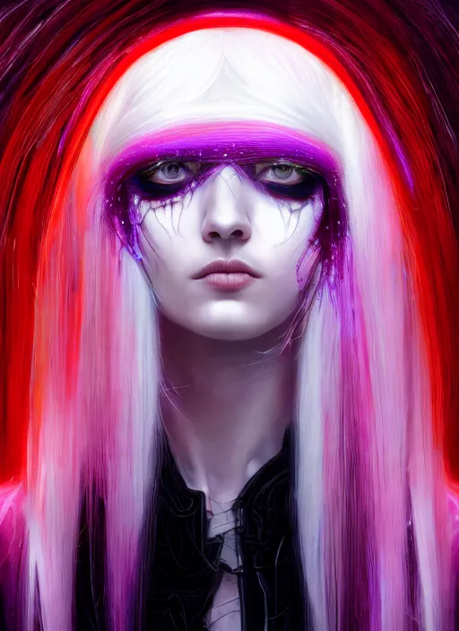 Image similar to hair whitebangs hair, black cyberlox, portrait of teenage girl with white bangs, whitebangsblackhair, messy bangs, cyberlox, whitebangs, red irises, purple clothes, intricate, elegant, glowing lights, highly detailed, digital painting, artstation, concept art, sharp focus, illustration, art by wlop, mars ravelo and greg rutkowski