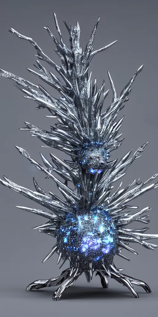 Prompt: a photorealistic render of a metallic neotribal spiky glaucus atlanticus sculpture, made of liquid metal, c 4 d, by zhelong xu and ernst haeckel, wide angle, hyper realistic, plain background, 8 k, volumetric lightning, octane render