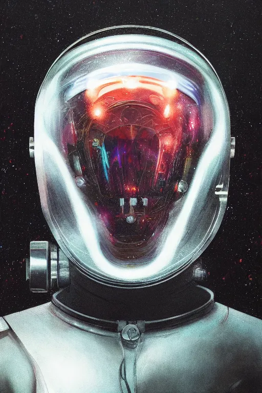 Prompt: a biomechanical head inside a futuristic space helmet, vintage transistors, white plastic, iridescent visor, nebulous gas background. intricate painting by Ruan Jia, cinematic, 8k, vibrant, emotional