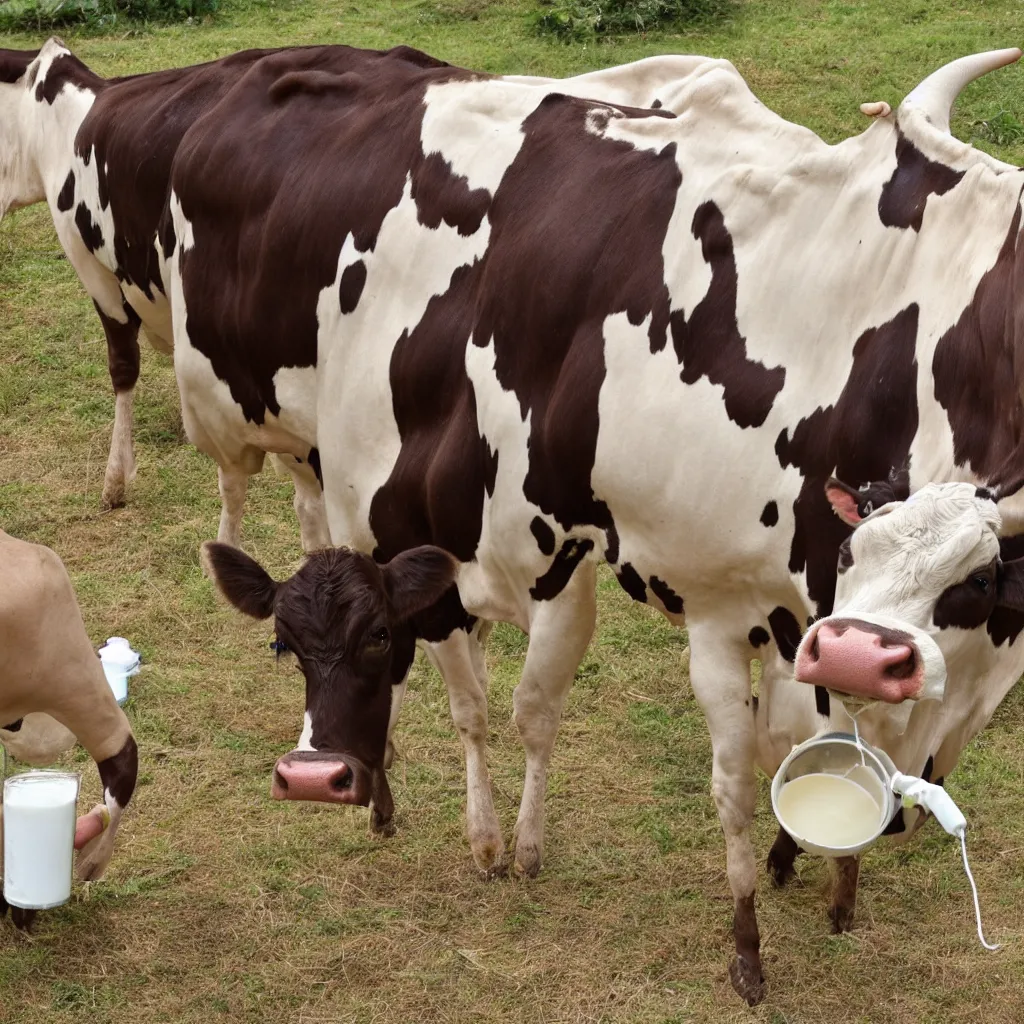 Prompt: a single cow with very large udders, she is spraying milk everywhere